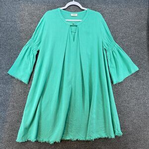 UMGEE Dress Womens L Green Linen Cotton Shift Flowy Mini Boho Coquette Cottage